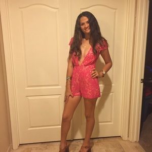 Pink Missguided Lace V Neck Romper- Size 10